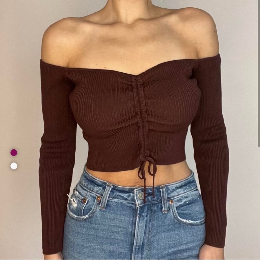 Zara Women's Brown and Burgundy Crop-top Size Small
